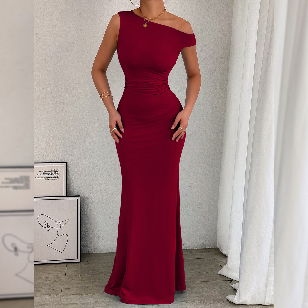 Women Fishtail Dress Slant Shoulder Collar Waist Pleated Sleeveless Sexy Dress by Ragazza