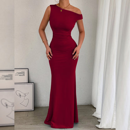 Women Fishtail Dress Slant Shoulder Collar Waist Pleated Sleeveless Sexy Dress by Ragazza