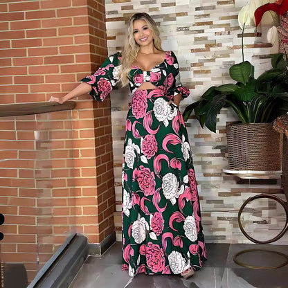Women Square Collar Bow Hollow Out Cutout Design Bubble Long Sleeve Maxi Dress by Ragazza