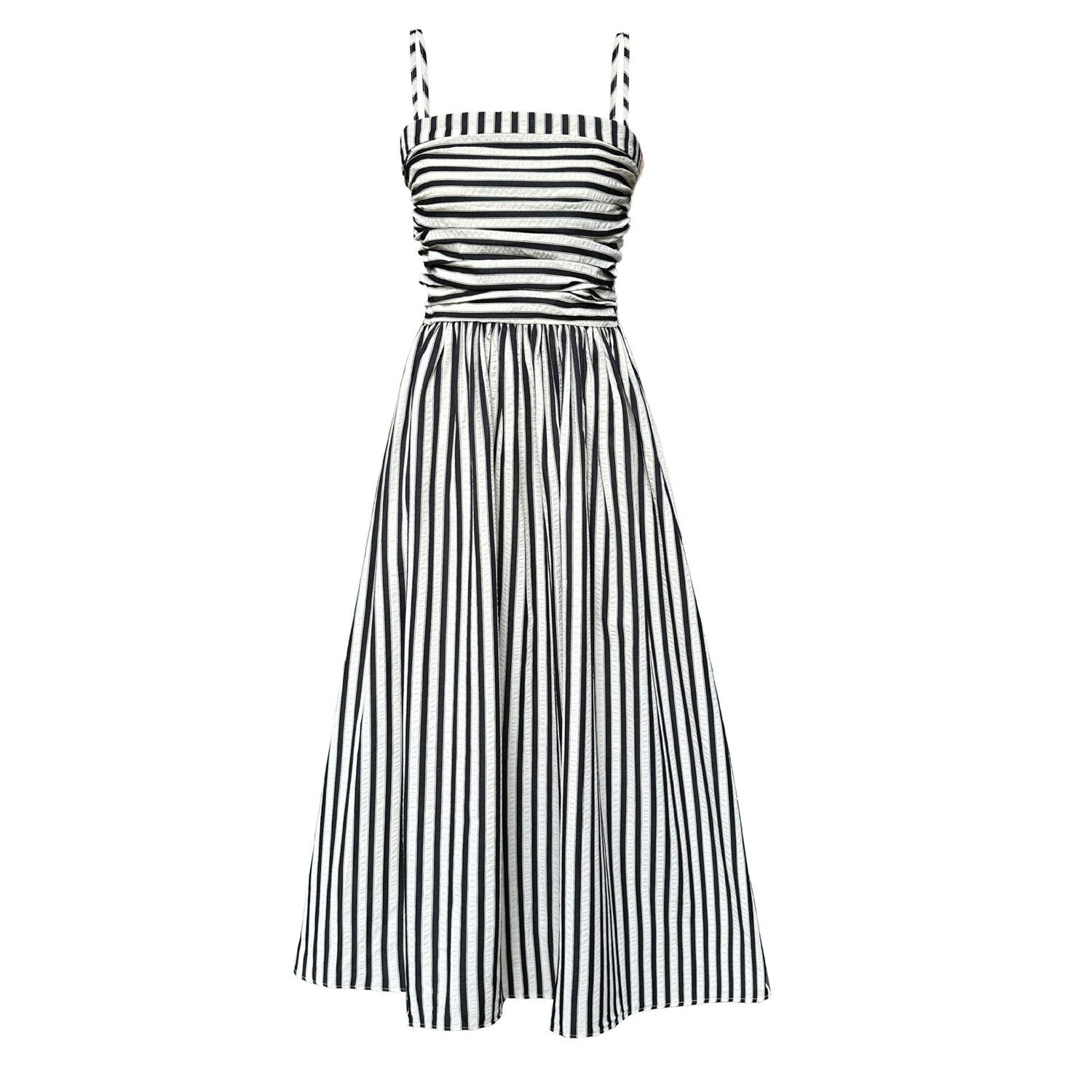 French Striped Bandeau Sling Dress Women High Grade off the Shoulder Pleated Waist Tight A line Long Summer by Ragazza