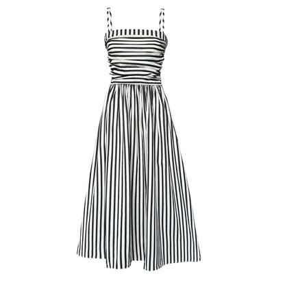 French Striped Bandeau Sling Dress Women High Grade off the Shoulder Pleated Waist Tight A line Long Summer by Ragazza