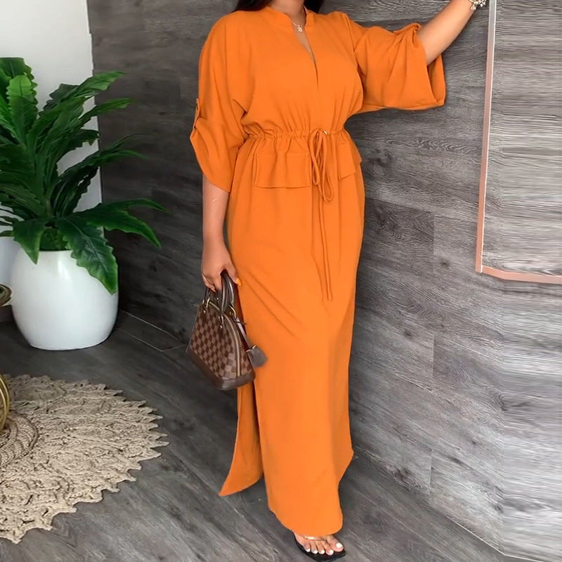 Autumn Women Clothing Casual Stand Collar Split Dress Solid Color Dress by Ragazza