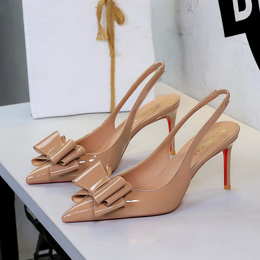 Cocktail Bow Patent Leather Pointed Toe Pumps Women Back Strap Stiletto Heel High Heels Women  DestGlow
