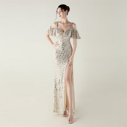 Bead Tube Sequin Heavy Industry Evening Dress Short Sleeve off the Shoulder Deep V Plunge High Slit Fishtail Dress Cocktail Socialite by Ragazza