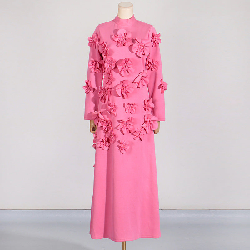French Floral Stitching Dress Summer High Grade Vacation Stand Collar Long Sleeve Three Dimensional Long Dress by Ragazza