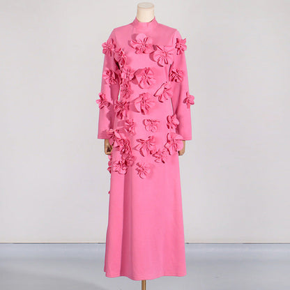 French Floral Stitching Dress Summer High Grade Vacation Stand Collar Long Sleeve Three Dimensional Long Dress by Ragazza