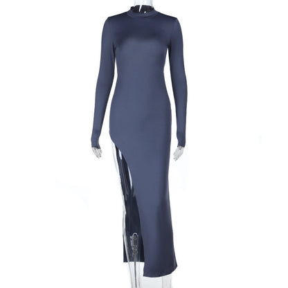 Half Turtleneck Sexy Backless Slim Fit Split Long Sleeve Dress Women Autumn Maxi Dress by Ragazza