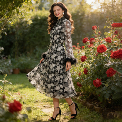 Spring Elegant Retro Stand Collar Fur Bell Sleeve Waist Slimming Floral Dress by Ragazza