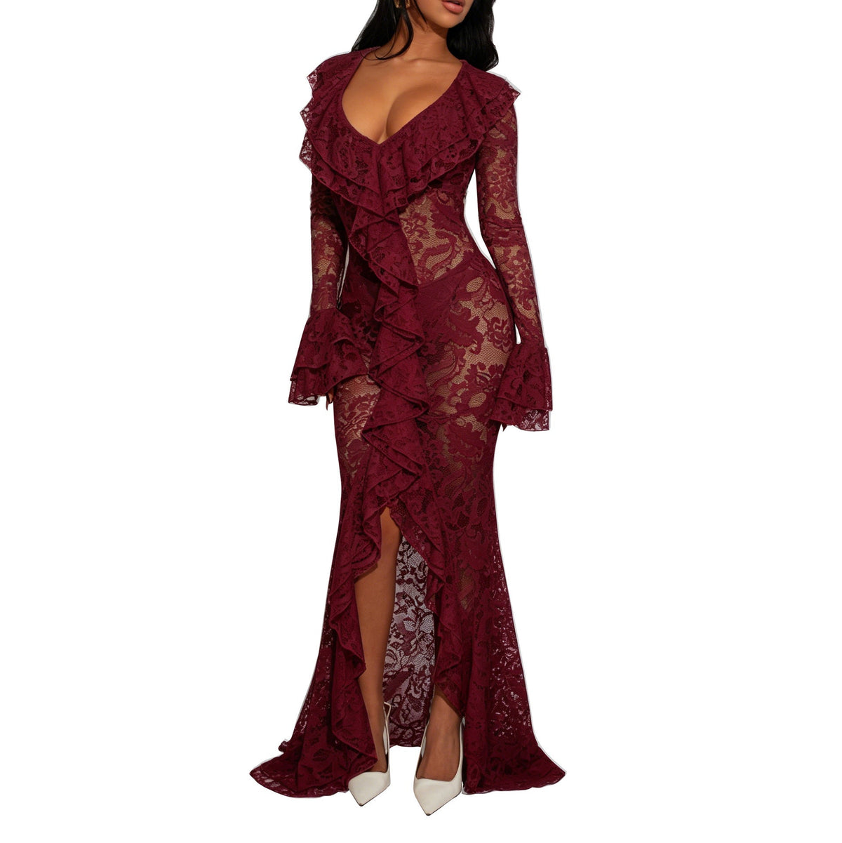 Women Clothing Sexy See through Lace V neck Long Sleeve Lace Dress Gown  DestGlow