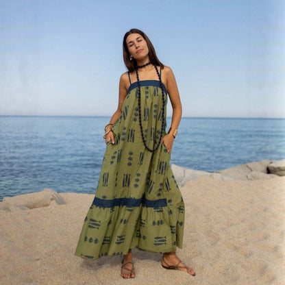 Dress Color Matching Print Holiday Large Swing Strap Dress for Women  DestGlow