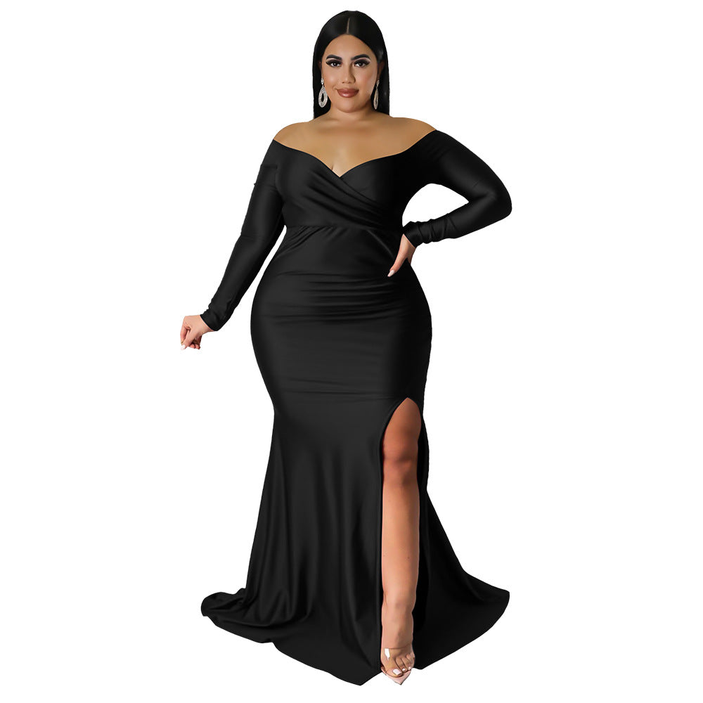 Plus Size Women Clothes Sexy Dress Nightclub V neck Formal Dress Solid Color Split Maxi Dress Autumn Winter Women 