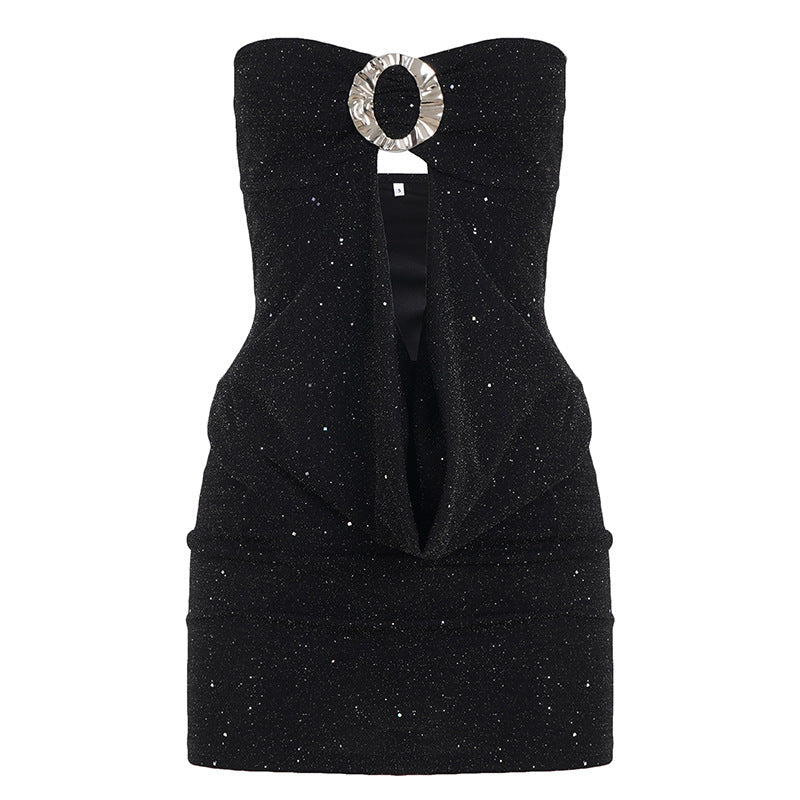Women Clothing Thin Glittering round Buckle Bow Swing Collar Hollow Out Cutout out Tube Top Dress Party Sexy Hip Dress by Ragazza