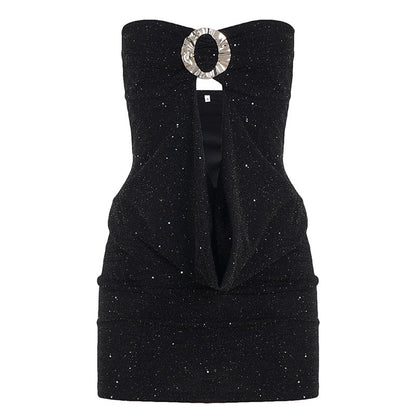 Women Clothing Thin Glittering round Buckle Bow Swing Collar Hollow Out Cutout out Tube Top Dress Party Sexy Hip Dress by Ragazza