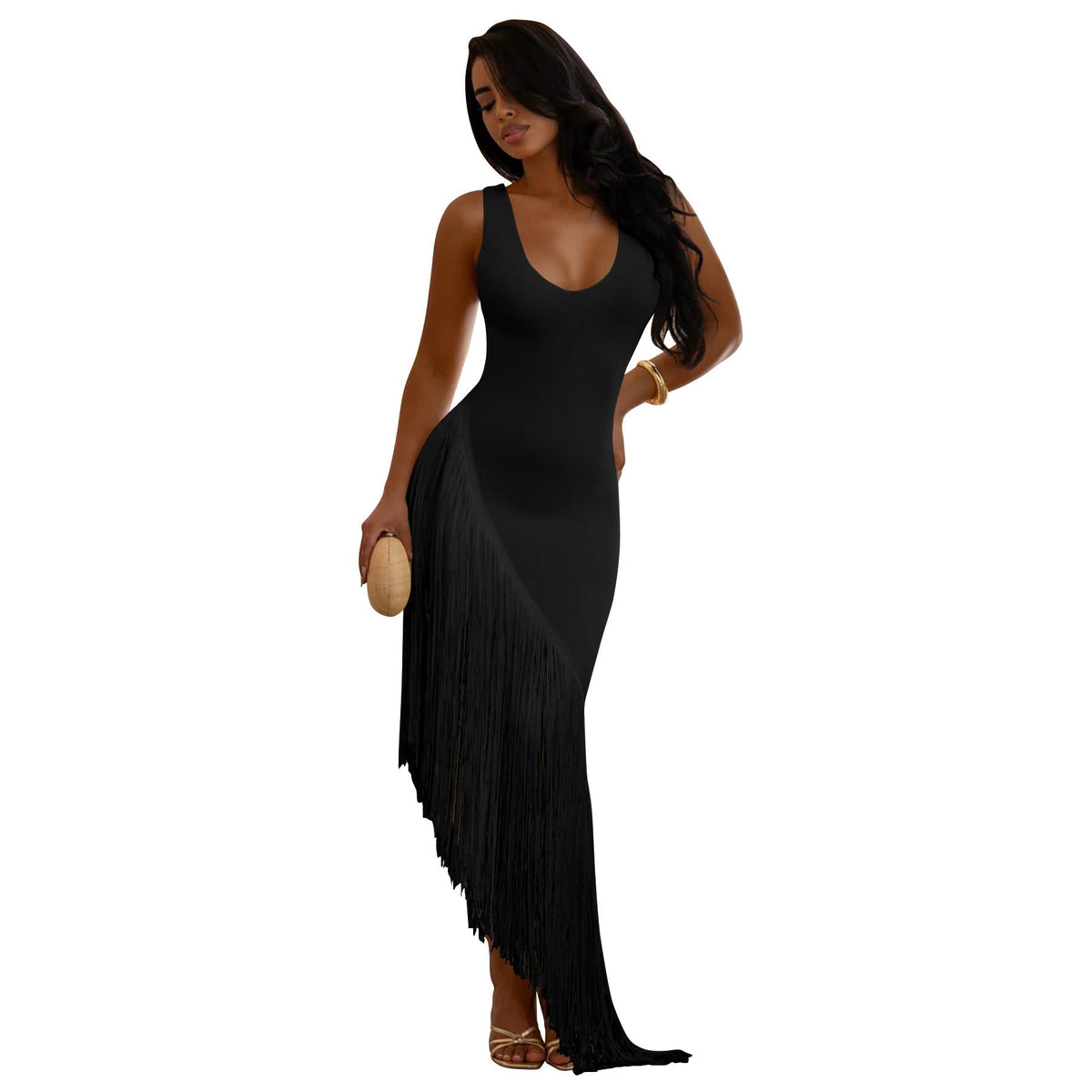 Women Sexy Strap Backless Tassel Stitching U Neck Dress  DestGlow