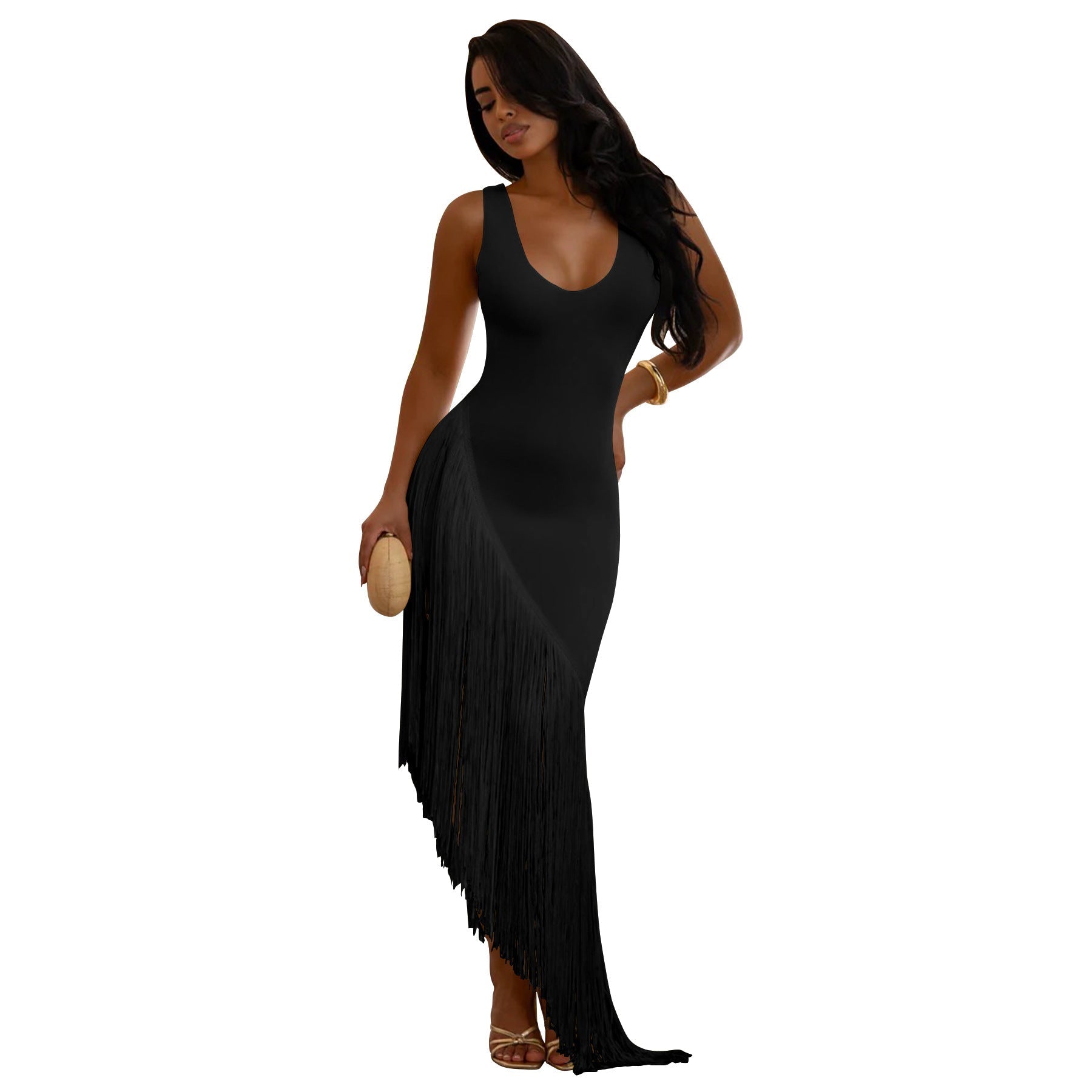 Women Sexy Strap Backless Tassel Stitching U Neck Dress  DestGlow