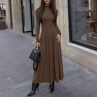 Casual Laid Back Solid Color Half Collar Stitching Long Sleeve Dress  DestGlow