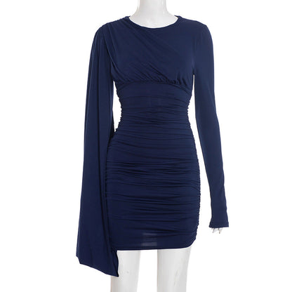 Women Clothing Autumn Winter Solid Color One Shoulder Streamer Long Sleeve Pleated Sheath Short Dress by Ragazza