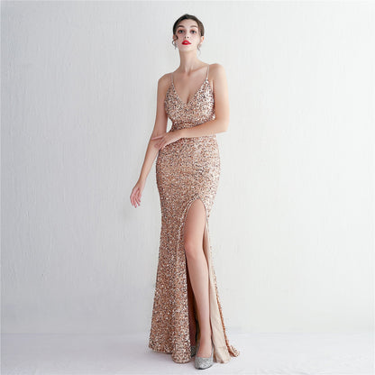 Velvet Bottom Sequin Suspender Party Sequined Dress Long Banquet Slim Fit Evening Dress Elegant by Ragazza