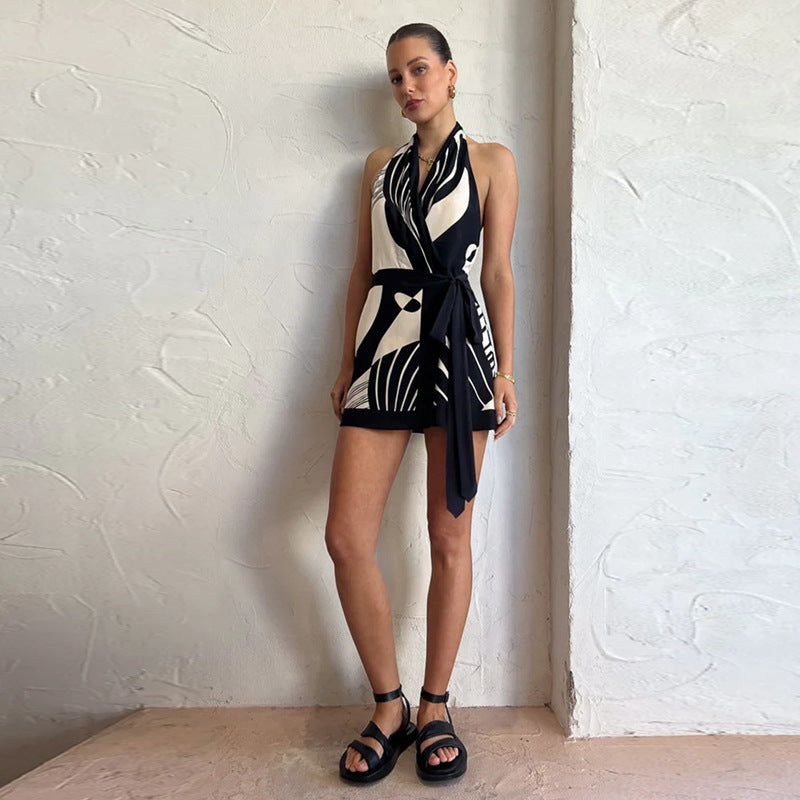 Women Nordic Classic Printing Sexy Halter Backless Dress Simple Waist Fitted Short Dress for Women by Ragazza