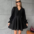 Autumn Winter Black Sexy Design Collared Bell Sleeve French Long Sleeve Dress All Matching Slim Fit Women by Ragazza