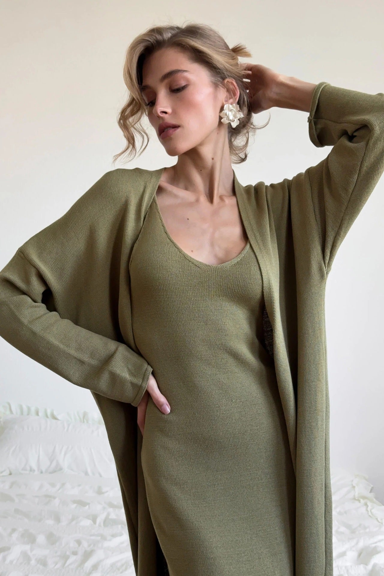 Knitted Hollow Out Cutout Vest Long Dresses Long Sleeve Cardigan Suit Women Soft Knitted Blouse  DestGlow