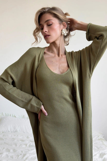 Knitted Hollow Out Cutout Vest Long Dresses Long Sleeve Cardigan Suit Women Soft Knitted Blouse  DestGlow