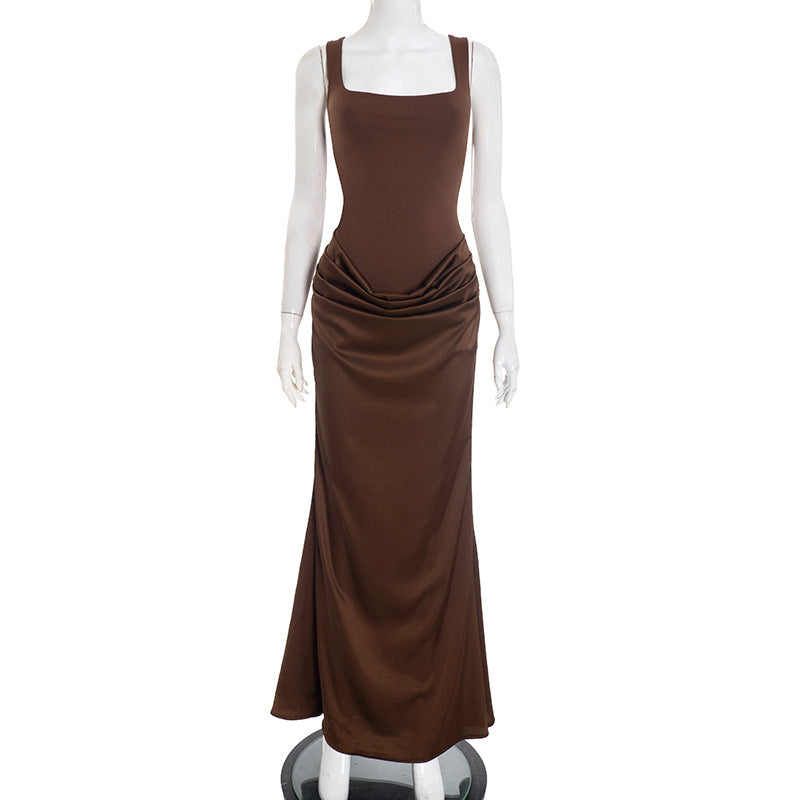 Women Clothing Autumn Winter Simple Solid Color Elegant Square Collar Sleeveless Slim Fit Maxi Dress by Ragazza
