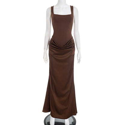 Women Clothing Autumn Winter Simple Solid Color Elegant Square Collar Sleeveless Slim Fit Maxi Dress by Ragazza