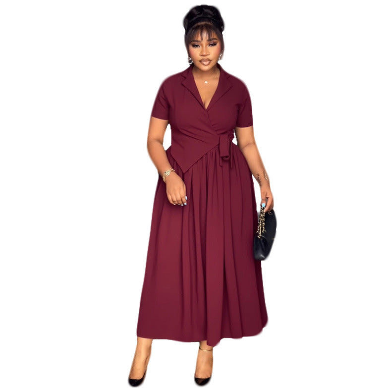 Elegant Office Collared Waist Tight Lace up Loose Dress by Ragazza