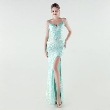 Heavy Industry Sequin Beaded Boning Corset Waist Tight Evening Dress by Ragazza
