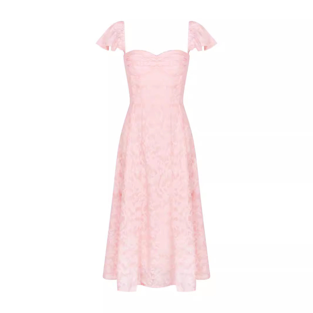 Women Wear Pink Sexy Square Neck Fitted Waist Backless Mid Length Dress French Dress by Ragazza