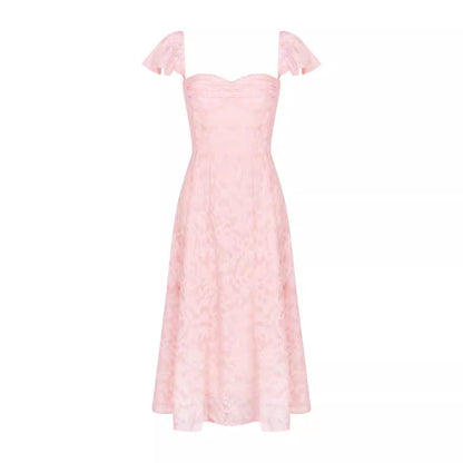 Women Wear Pink Sexy Square Neck Fitted Waist Backless Mid Length Dress French Dress by Ragazza