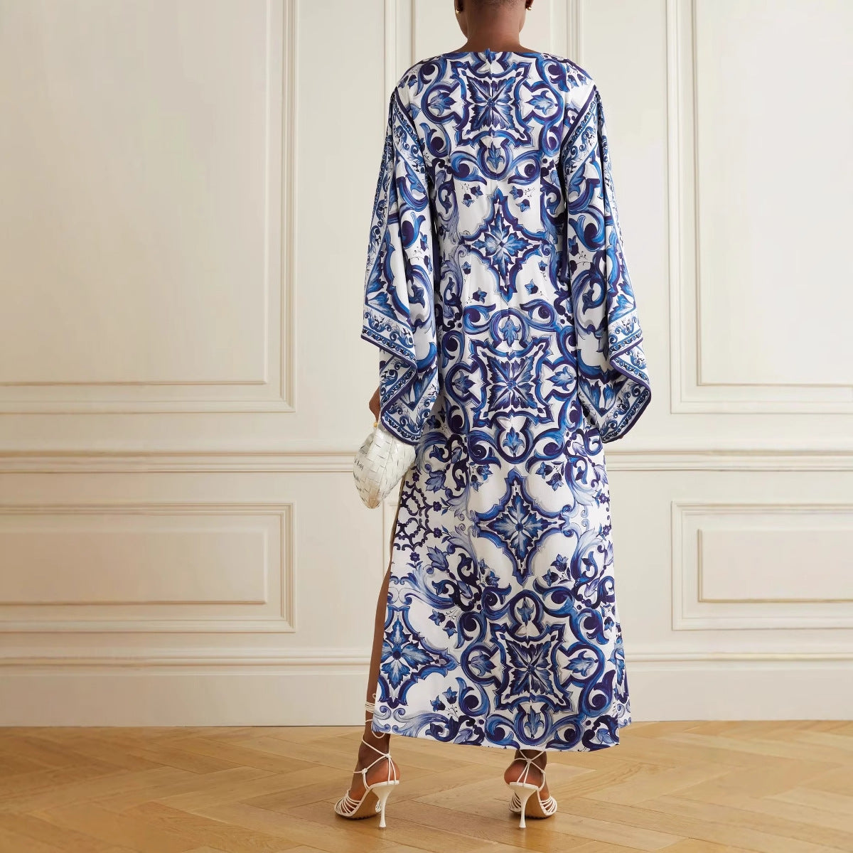Women Blue White Porcelain Printed off Neck Loose Dress by Ragazza