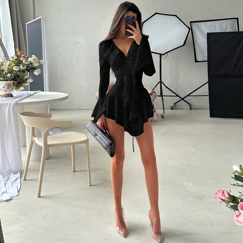 Fall Women Clothing V neck Slim Fit Tied Ruffled Flare Sleeve Dress by Ragazza