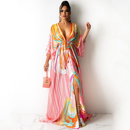 Women Clothing Spring Summer Casual Vacation V neck Printed Dress by Ragazza