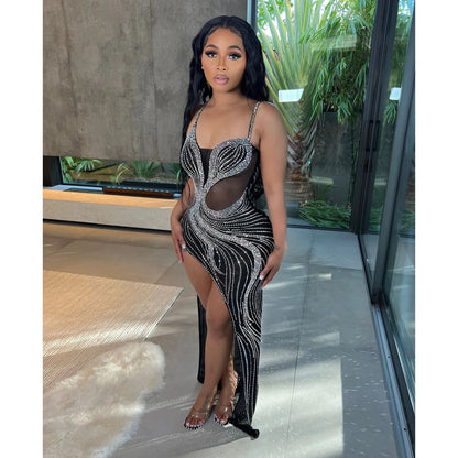 Summer Women Clothing Sexy Mesh Rhinestone Night Club Slip Dress Women by Ragazza