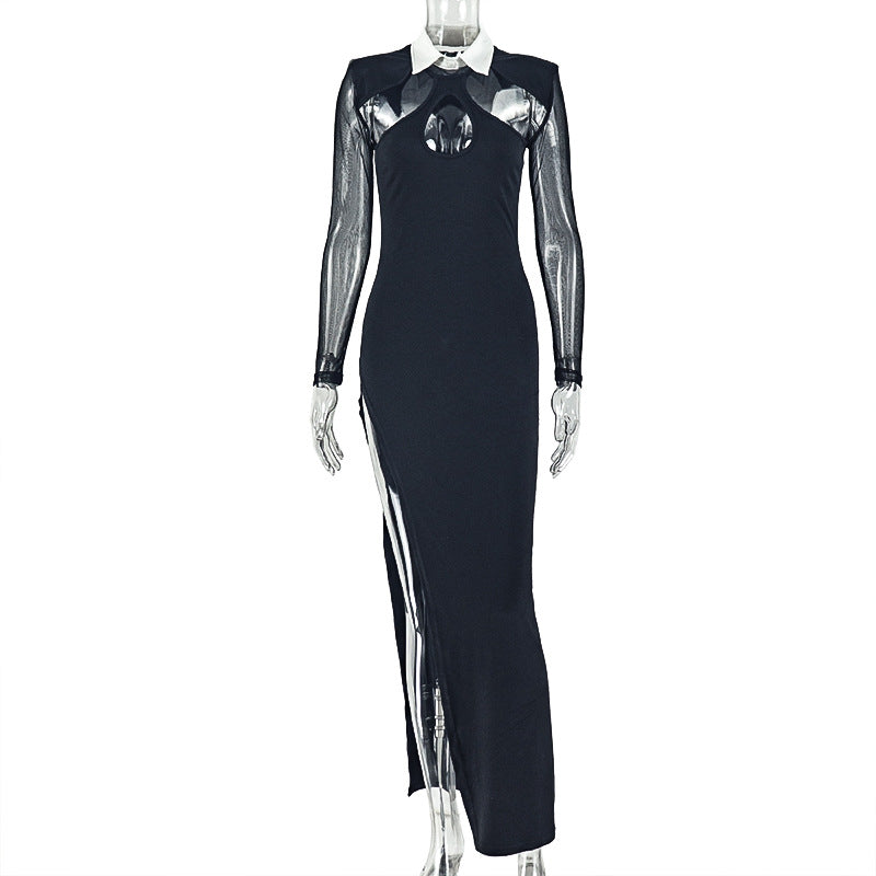 Women Black White Patchwork Slit Hip Dress Shirt Collar Long Sleeve Design Hollow Out Cutout Dress