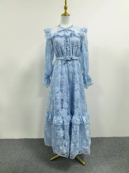 Summer Elegant Retro Lace Belt Lantern Sleeve Slim Slimming High Waist Dress Women by Ragazza