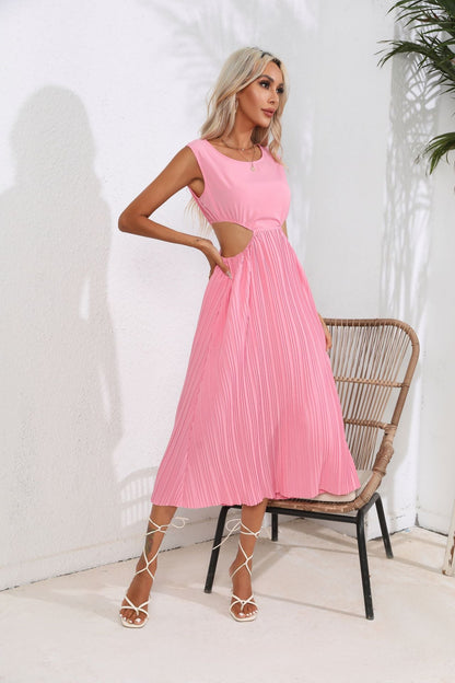 Hollowed Out Cropped Outfit Pleated Dress Sleeveless Swing Mid Length Vest Dress Women Women Clothing by Ragazza