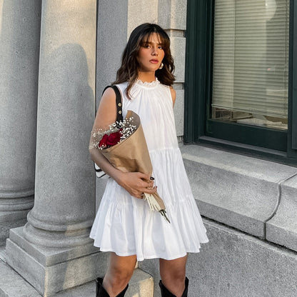 Spring Summer All Match White Elegant Dress round Neck Sexy Bow Lace up Elegant Loose Short Women Clothing by Ragazza