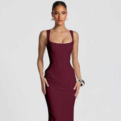 Sexy Boning Corset Slim Fit U Neck Long Pleating Pullover Dress Cocktail Party Evening Dress by Ragazza