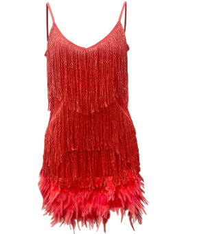 Tassel Sequ Multi Color Birthday Party Sexy V neck Strap Feather Stitching Gown Dress by Ragazza