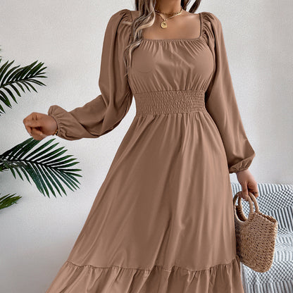 Spring Summer Casual Solid Color Square Collar Long Sleeve Waist Trimming Ruffles A line Dress Women Clothing by Ragazza