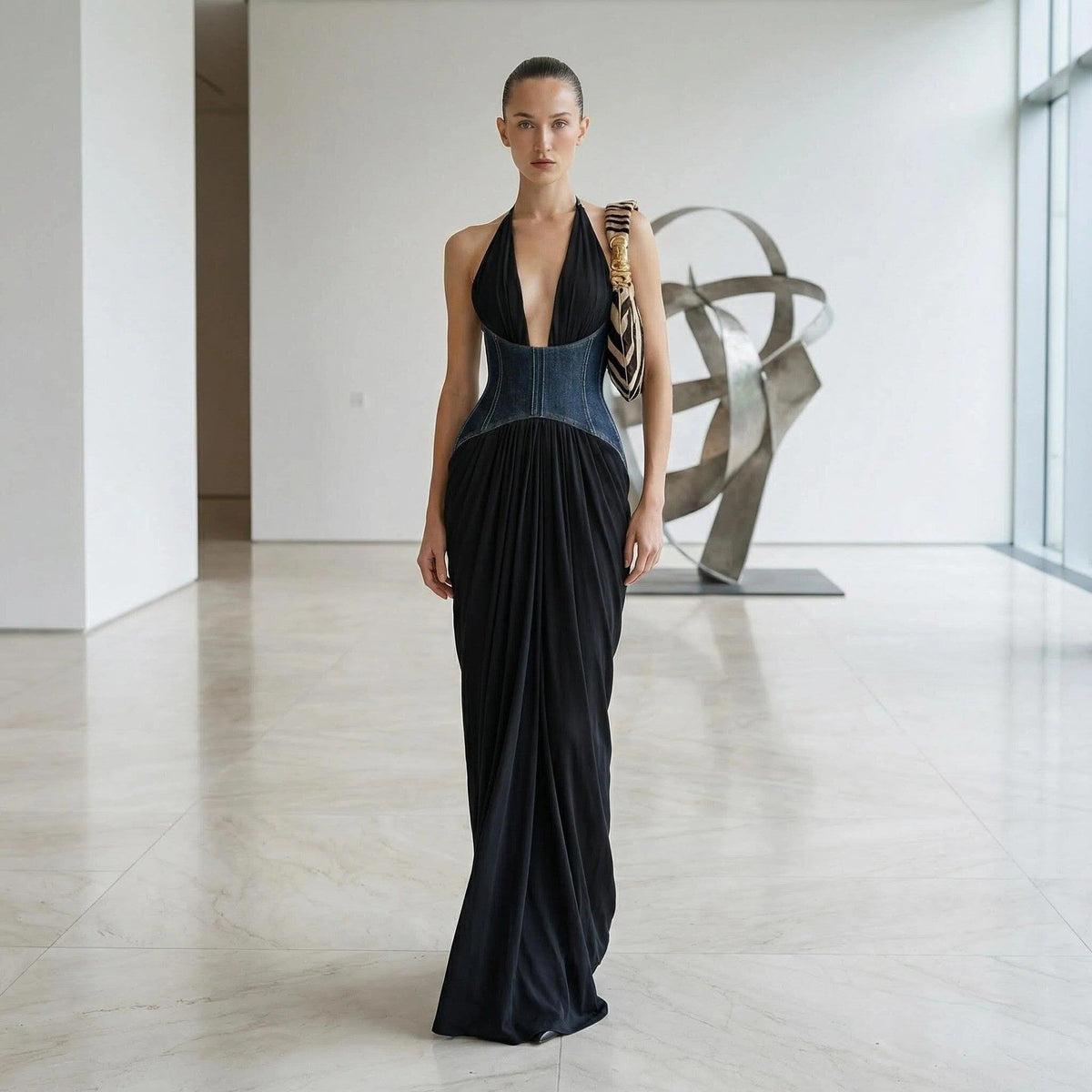 Halter Deep V Plunge Black Dress Denim Drawstring Slim Fit Maxi Drape Party Dress  DestGlow
