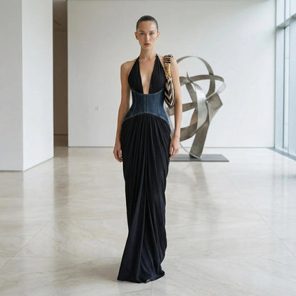 Halter Deep V Plunge Black Dress Denim Drawstring Slim Fit Maxi Drape Party Dress  DestGlow