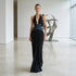 Halter Deep V Plunge Black Dress Denim Drawstring Slim Fit Maxi Drape Party Dress  DestGlow