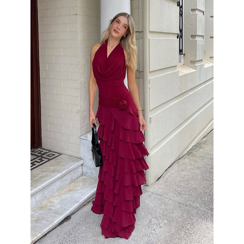 Halter Wooden Ear Slit Dress V neck Pleated Ruffled Waist Tight Sexy Dress by Ragazza