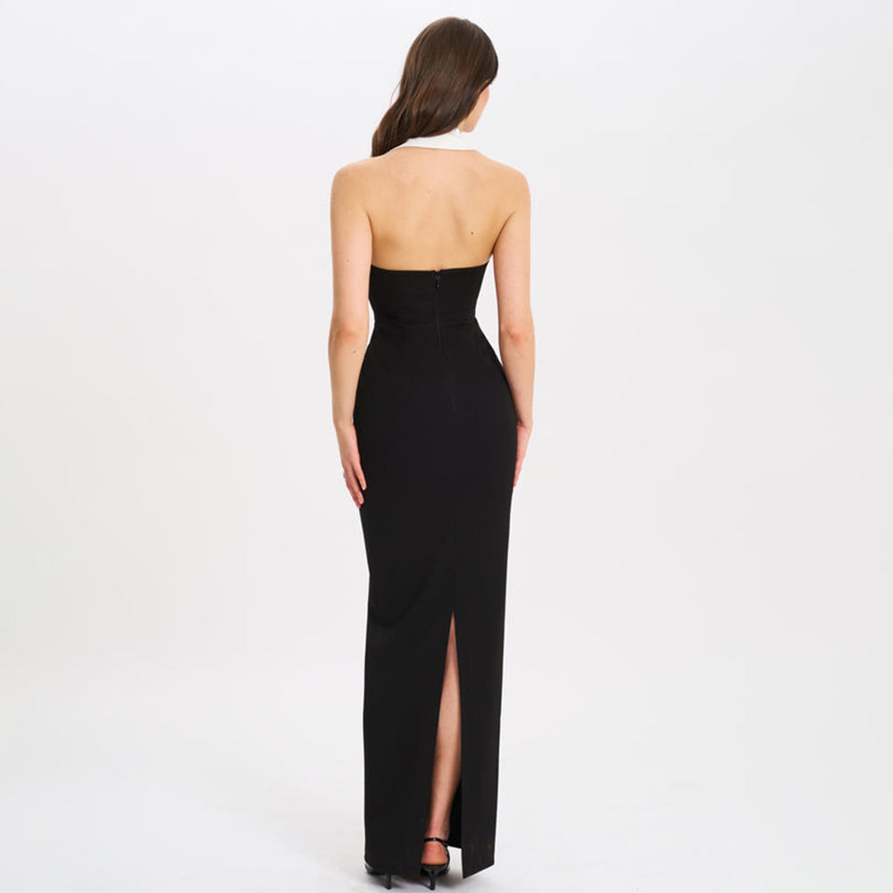 Spring Summer Elegant Collared Dress Sexy Backless Slit Slimming Dress by Ragazza