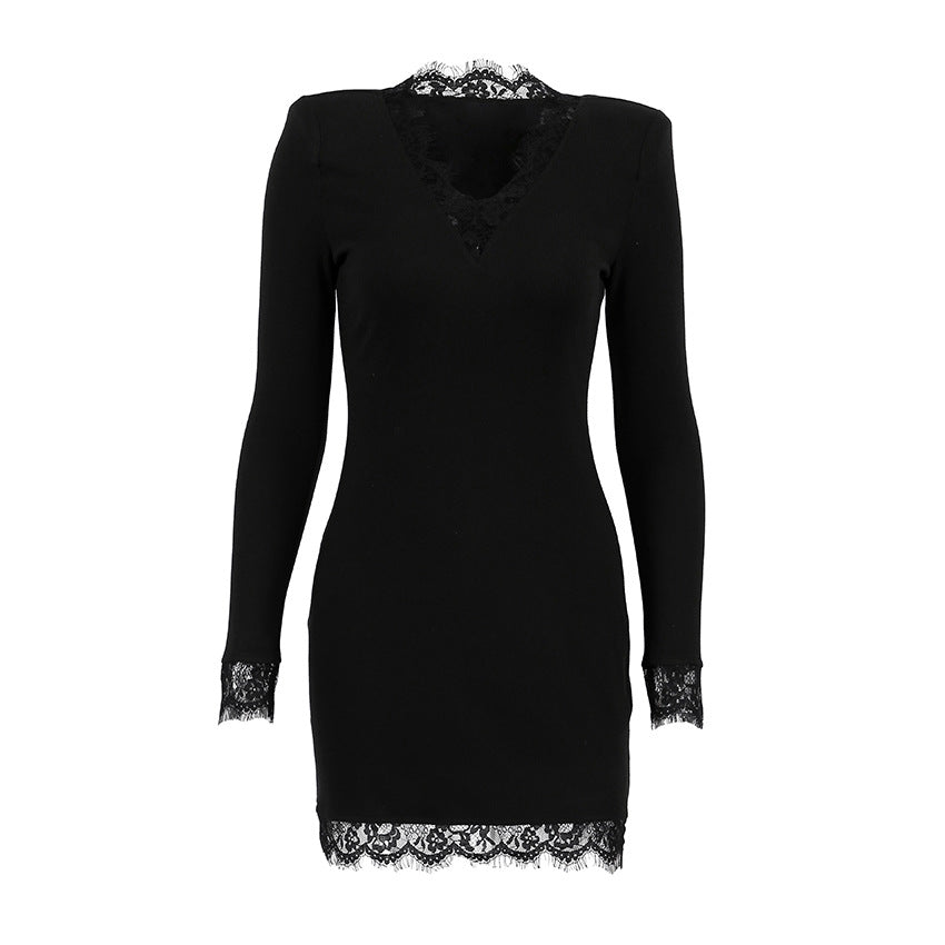 Adult Lady like Woman Autumn Winter V neck Lace Stitching Black Sexy Tight Milk Silk Hip Elegant Dress by Ragazza