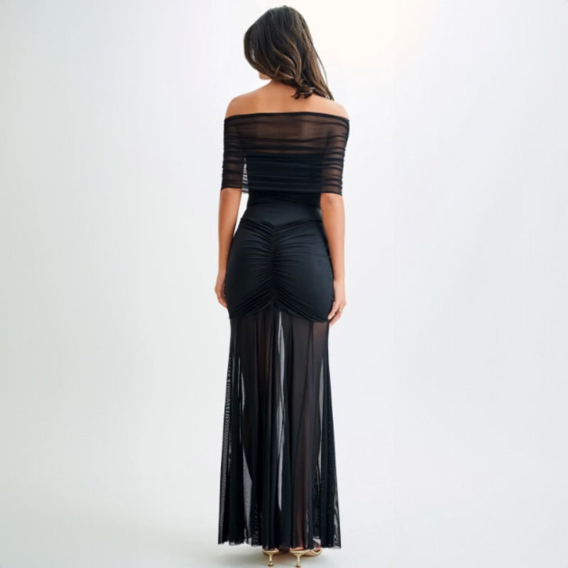 Women Clothing Autumn Tube Top Pleated Mesh Slim Fit Patchwork Dress Two Piece Set by Ragazza